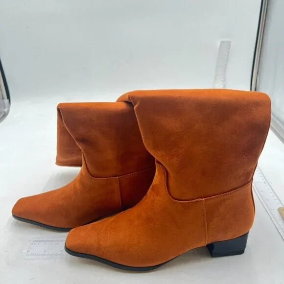 Women Square Toe Knee High Boot Wide Calf Low Chunky Heel Flat Long Boot Orange - Picture 3 of 7